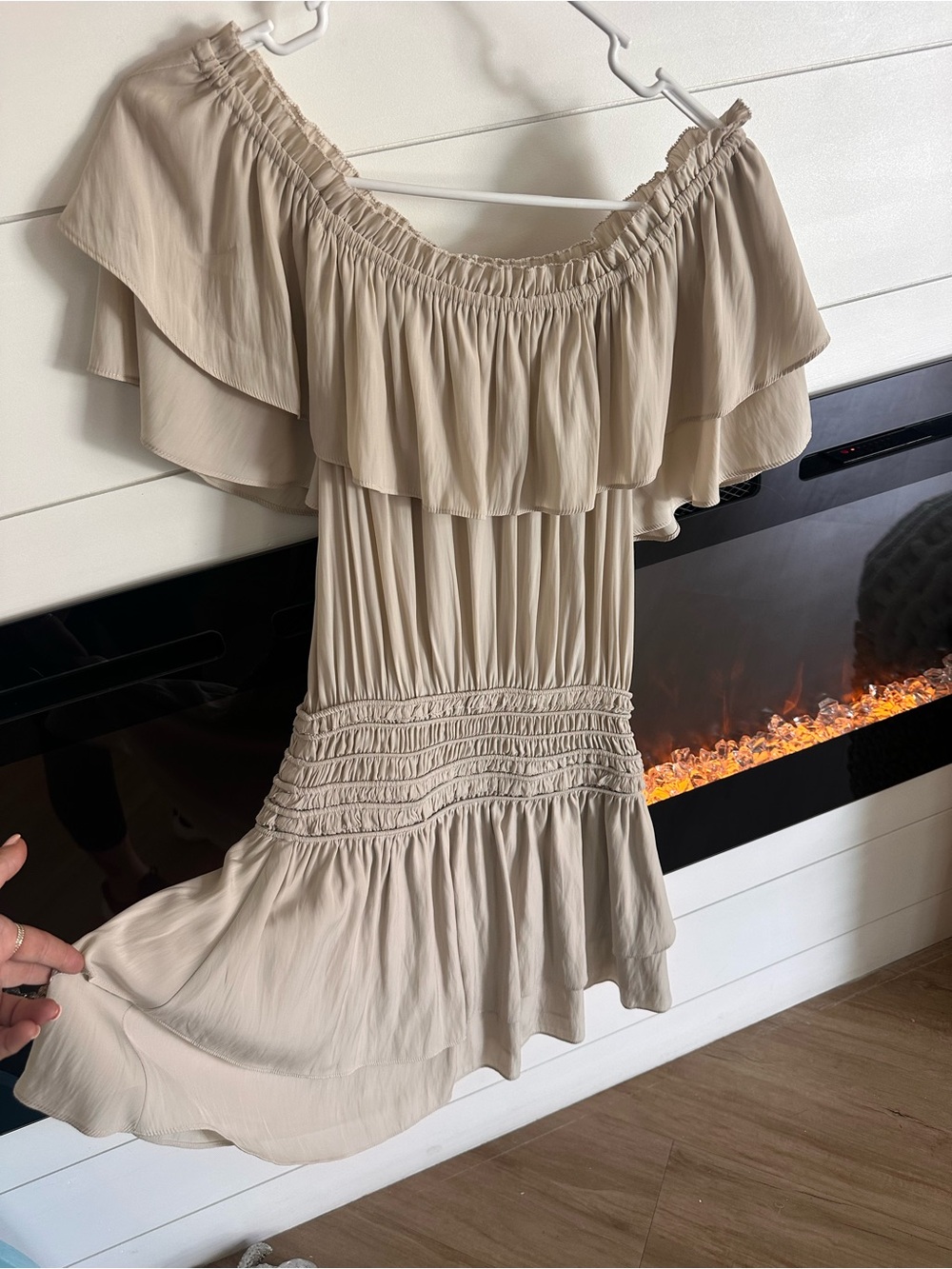 Ramy Brook Taupe Off-Shoulder Ruffle Mini Dress